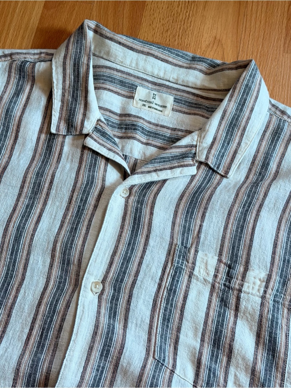 Mutual Weave Beige and Brown Striped Short-Sleeve Button-Down Shirt
